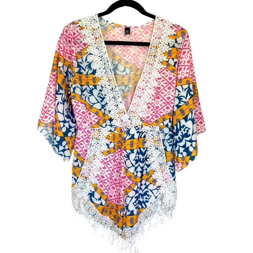 Beachy Wide Sleeve Lightweight Pull On Romper Cover Up‎ with Lace Detail Size L